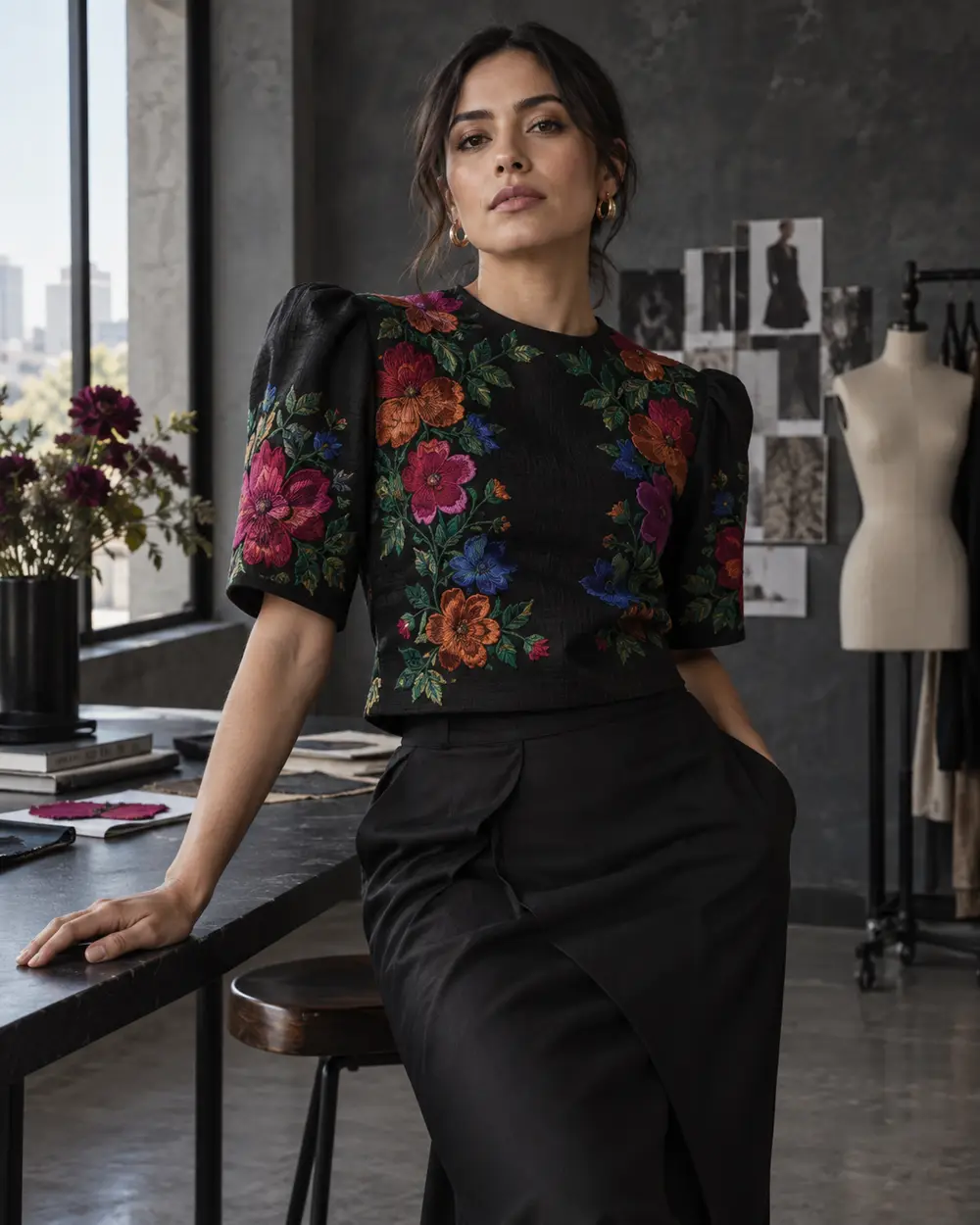 Modelo con top negro de bordado floral multicolor en un estudio de moda
