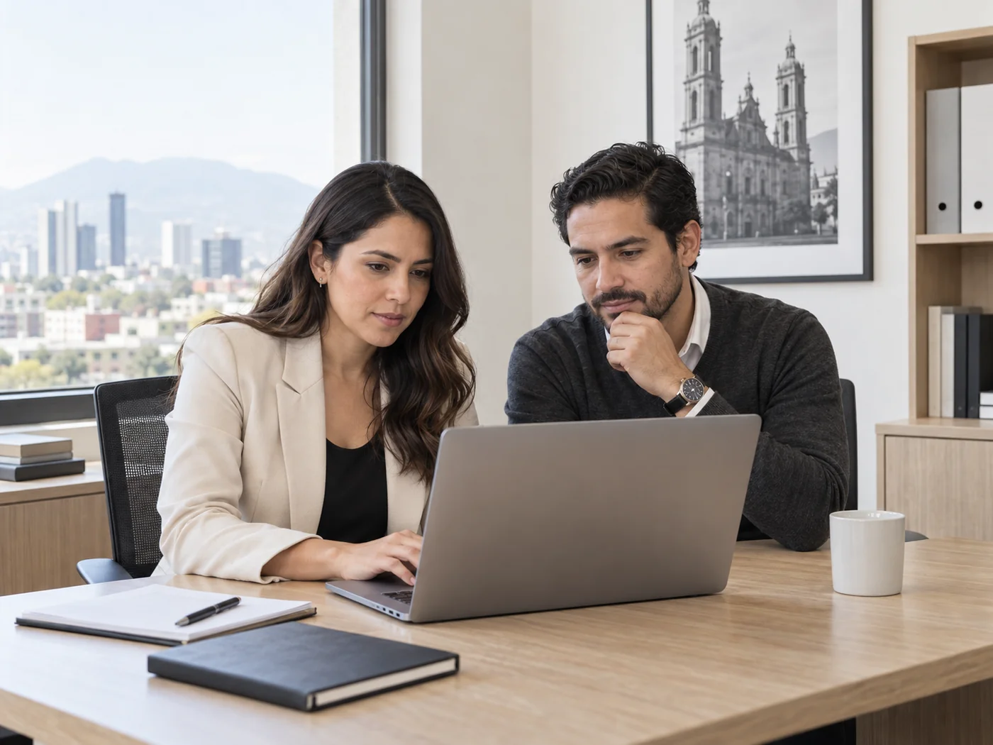 Dos colegas revisan el correo de su negocio en una laptop, dentro de una oficina con luz natural