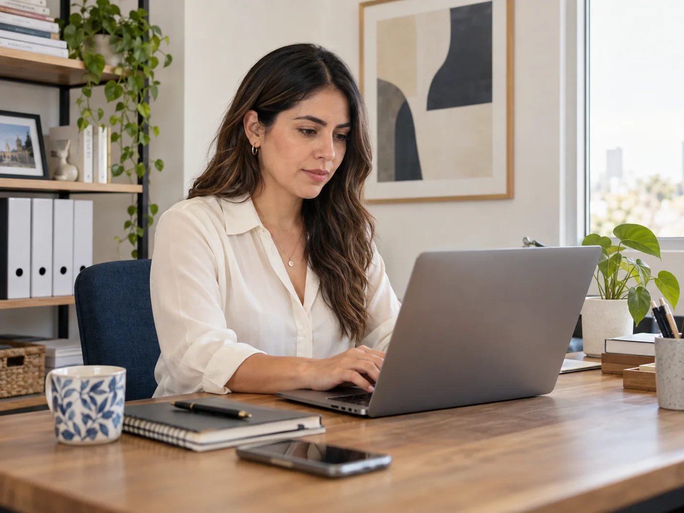 Dueña de un negocio trabaja en su laptop desde una oficina luminosa
