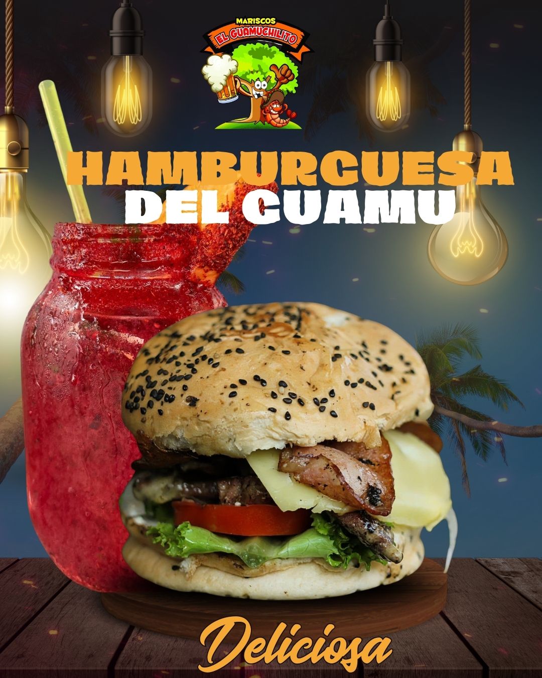 Hamburguesa del Guamu acompañada de una bebida roja