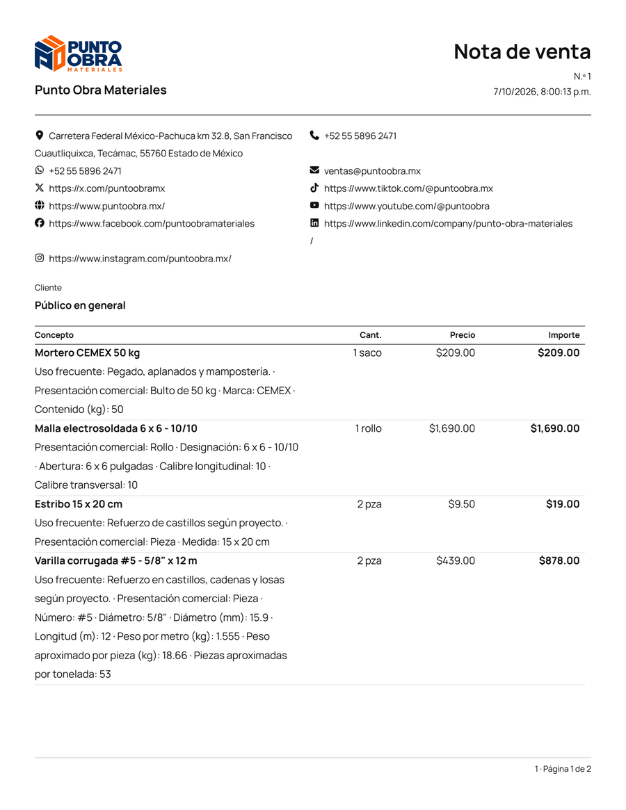 Nota de venta generada por SoloEnlace; primera página de dos