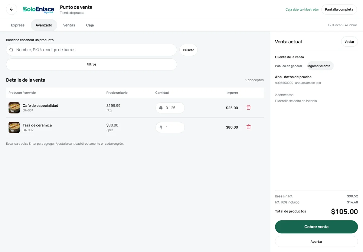 Punto de venta real de SoloEnlace con carrito, productos y herramientas de venta, usando datos de demostración