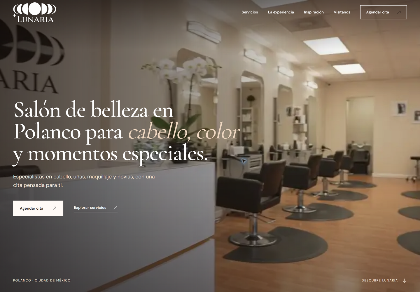 Página de demostración Lunaria para salones de belleza