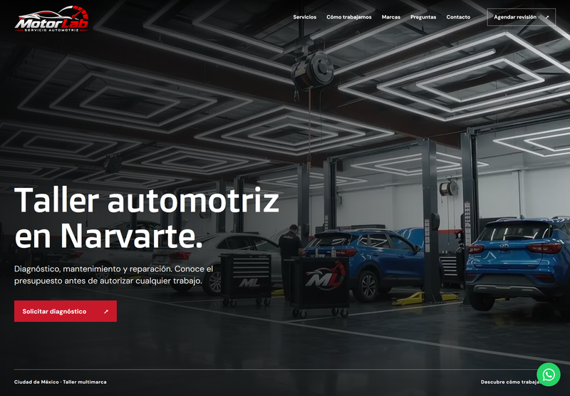 Página de demostración MotorLab para servicio automotriz