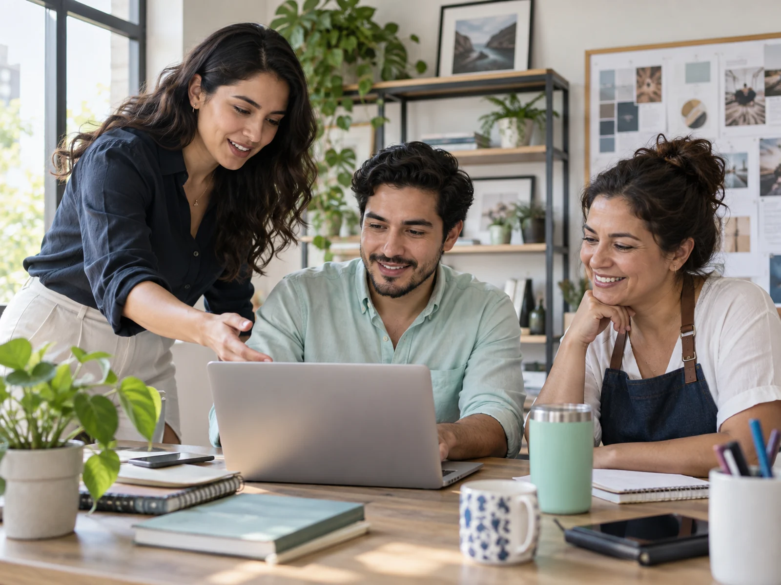 Profesionales de marketing colaborando con la dueña de un negocio frente a una laptop