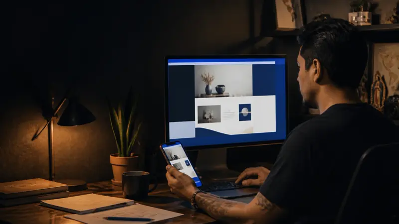 Diseñador preparando una página para celular y computadora